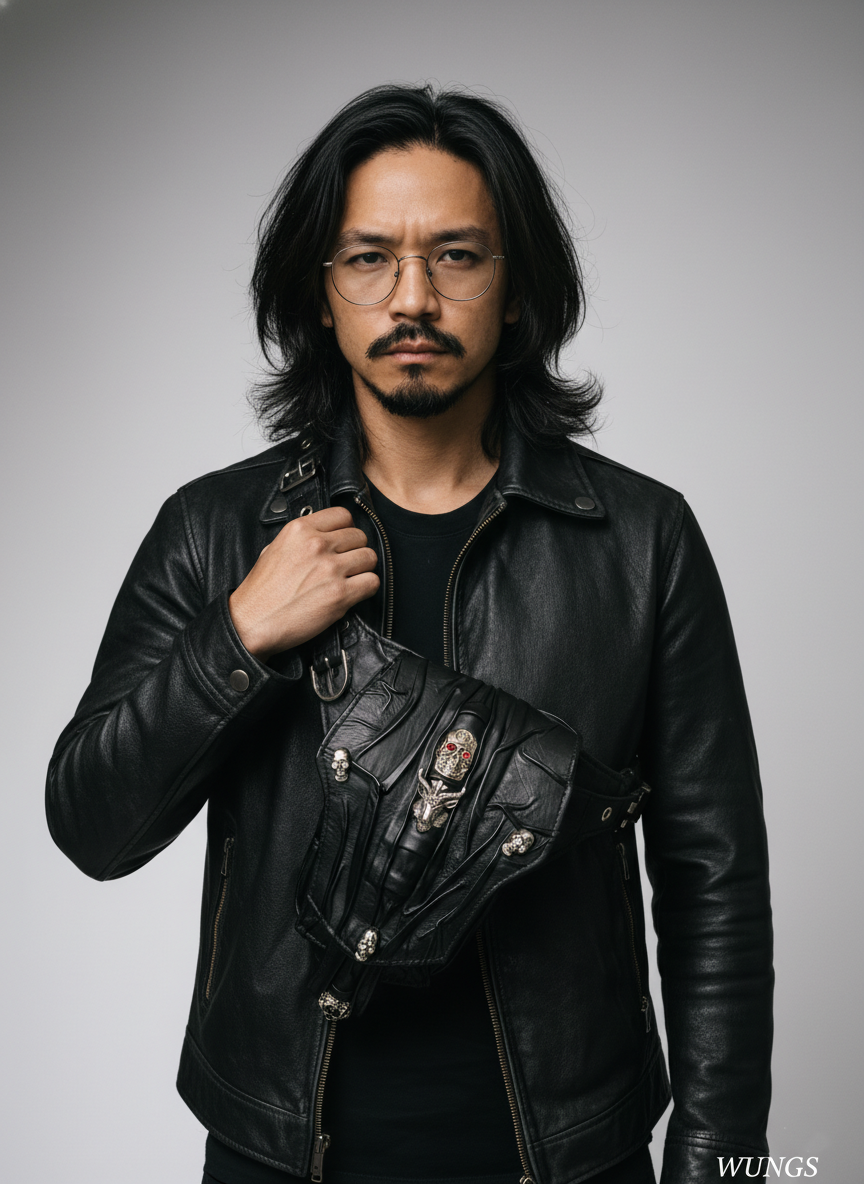 Man wearing a black leather jacket with a gray background