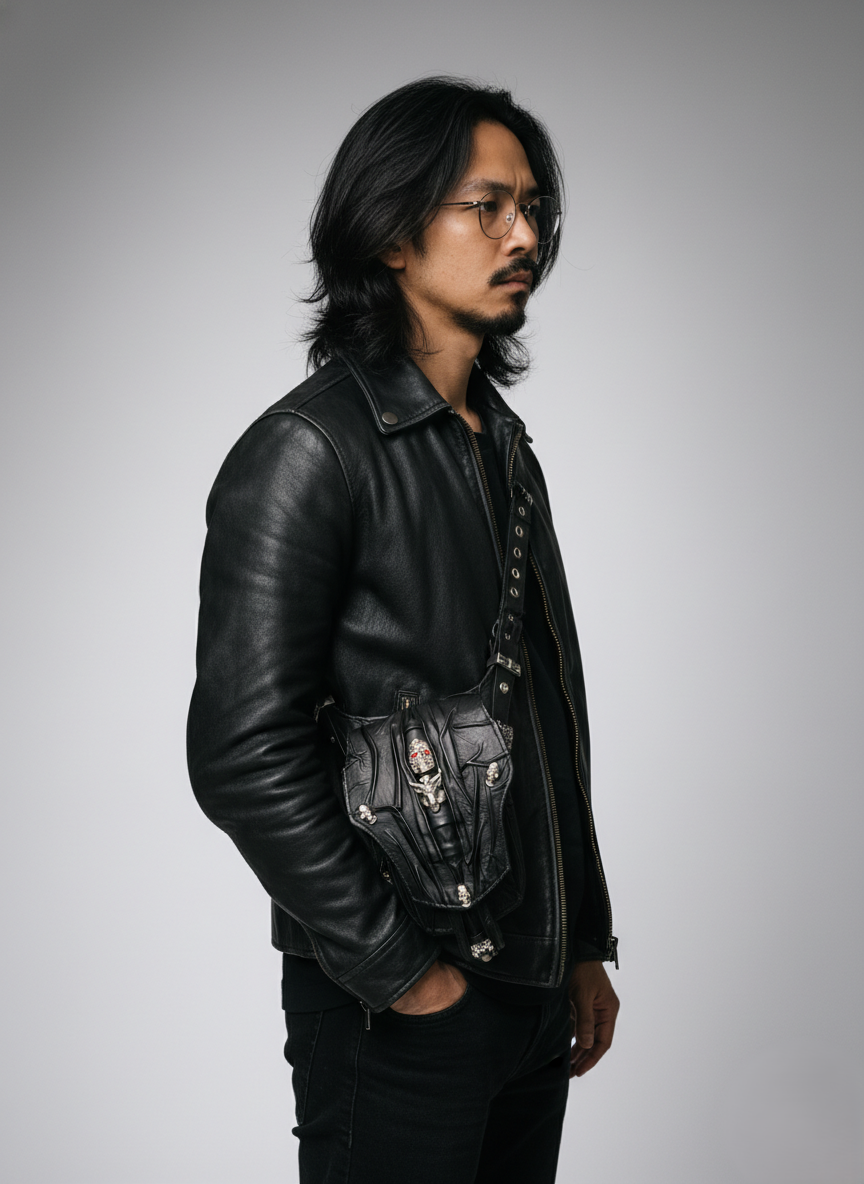 Handmade Gothic Leather Fanny Pack – Handmolded Cow Calf Leather Waist Bag with Metal Skull Hardware – Custom Biker Crossbody Bag