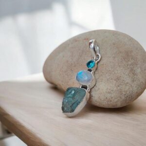 Raw Aquamarine & Moonstone And Blue Topaz Pendant, Sterling Silver Pendant, Boho Jewelry, Charm Pendant, Gift item...