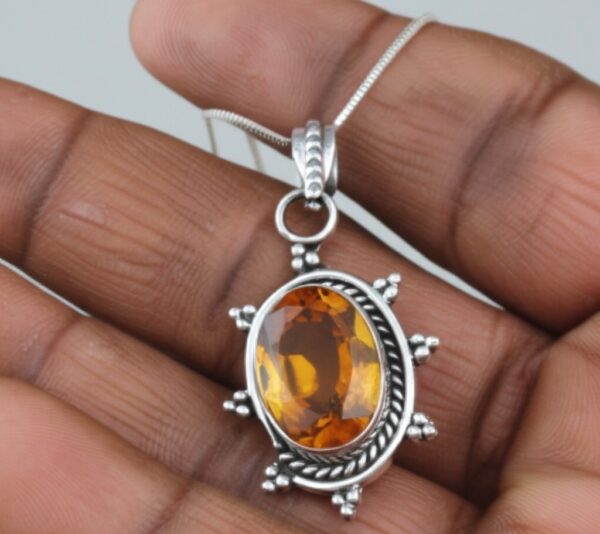 Dainty Citrine Sterling Silver Pendant, Large Citrine Statement Silver Pendant, Vintage Style Citrine Handmade Pendant, Gift for her - Image 7