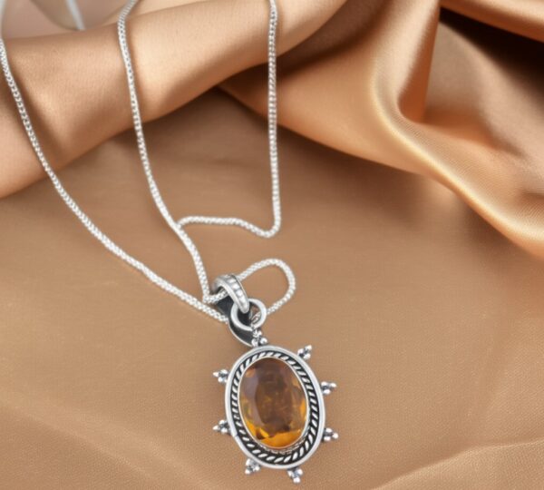 Dainty Citrine Sterling Silver Pendant, Large Citrine Statement Silver Pendant, Vintage Style Citrine Handmade Pendant, Gift for her - Image 4