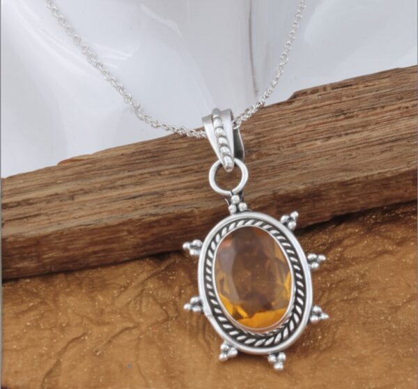 Dainty Citrine Sterling Silver Pendant, Large Citrine Statement Silver Pendant, Vintage Style Citrine Handmade Pendant, Gift for her - Image 2