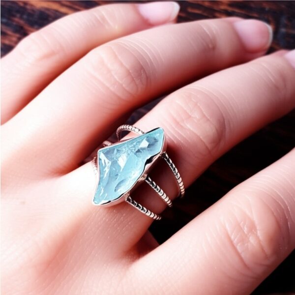 Raw Aquamarine Silver Ring, Uncut Ring, Boho Ring, Crystal Ring, Unique Ring, Rustic Ring, Raw Gemstone Silver Ring, Textured Ring, Gift her - Image 7