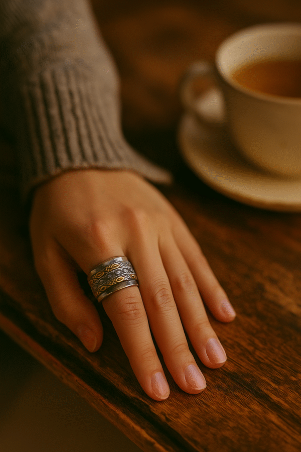 Textured Brass & Silver Spinner Ring| Etched Sterling Silver Spinner with Brass Accents | Two-Tone Spinning | Meditation Ring  | Artisan Crafted Brass and Silver Fidget Ring  | Leaf Motif Spinner Ring in Silver and Brass - Image 3
