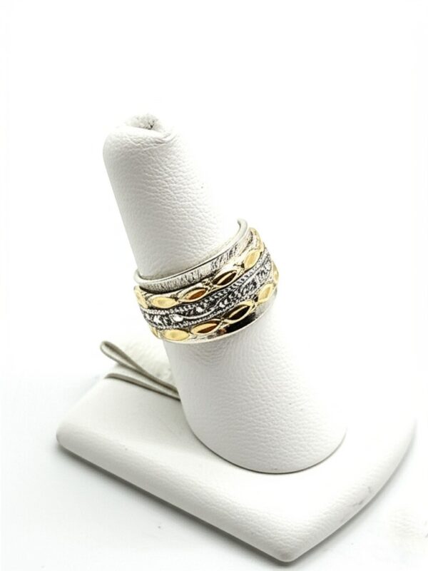 Textured Brass & Silver Spinner Ring| Etched Sterling Silver Spinner with Brass Accents | Two-Tone Spinning | Meditation Ring  | Artisan Crafted Brass and Silver Fidget Ring  | Leaf Motif Spinner Ring in Silver and Brass - Image 12