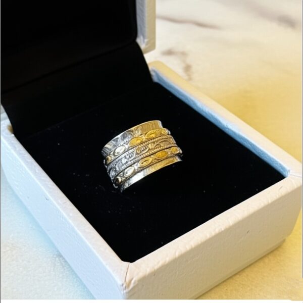 Textured Brass & Silver Spinner Ring| Etched Sterling Silver Spinner with Brass Accents | Two-Tone Spinning | Meditation Ring  | Artisan Crafted Brass and Silver Fidget Ring  | Leaf Motif Spinner Ring in Silver and Brass - Image 10