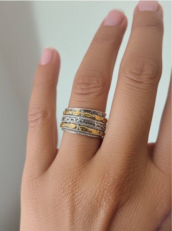 Textured Brass & Silver Spinner Ring| Etched Sterling Silver Spinner with Brass Accents | Two-Tone Spinning | Meditation Ring  | Artisan Crafted Brass and Silver Fidget Ring  | Leaf Motif Spinner Ring in Silver and Brass - Image 9