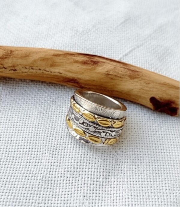 Textured Brass & Silver Spinner Ring| Etched Sterling Silver Spinner with Brass Accents | Two-Tone Spinning | Meditation Ring  | Artisan Crafted Brass and Silver Fidget Ring  | Leaf Motif Spinner Ring in Silver and Brass - Image 6