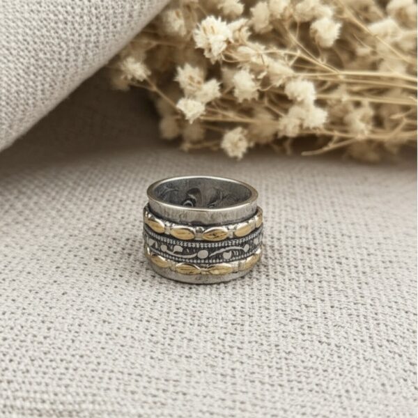 Textured Brass & Silver Spinner Ring| Etched Sterling Silver Spinner with Brass Accents | Two-Tone Spinning | Meditation Ring  | Artisan Crafted Brass and Silver Fidget Ring  | Leaf Motif Spinner Ring in Silver and Brass - Image 5