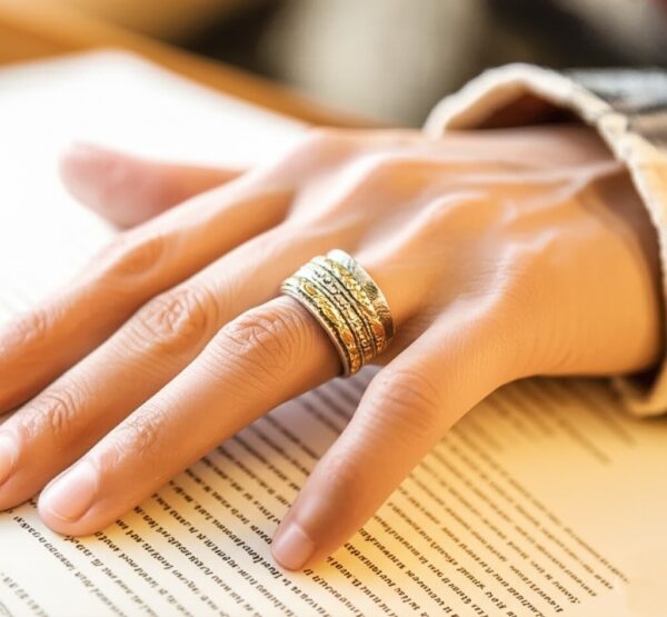 Textured Brass & Silver Spinner Ring| Etched Sterling Silver Spinner with Brass Accents | Two-Tone Spinning | Meditation Ring  | Artisan Crafted Brass and Silver Fidget Ring  | Leaf Motif Spinner Ring in Silver and Brass - Image 4