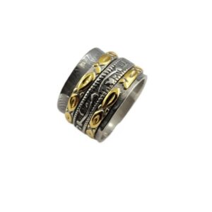 Textured Brass & Silver Spinner Ring| Etched Sterling Silver Spinner with Brass Accents | Two-Tone Spinning | Meditation Ring  | Artisan Crafted Brass and Silver Fidget Ring  | Leaf Motif Spinner Ring in Silver and Brass