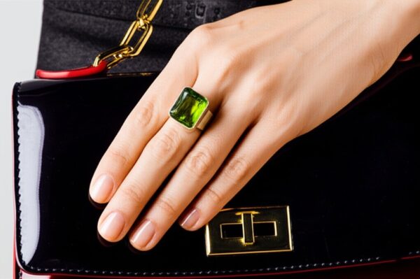 Men's Green Gemstone Ring | Rectangular Peridot Style Ring in Silver Band | Bold Statement Jewelry for Him | Modern Geometric Cut Ring - Image 7