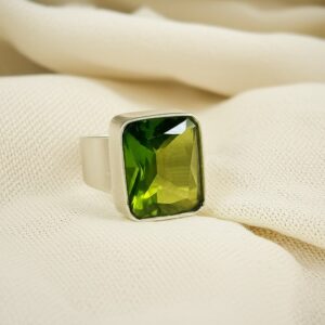 Men's Green Gemstone Ring | Rectangular Peridot Style Ring in Silver Band | Bold Statement Jewelry for Him | Modern Geometric Cut Ring