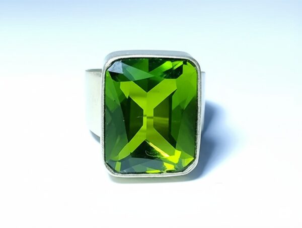 Men's Green Gemstone Ring | Rectangular Peridot Style Ring in Silver Band | Bold Statement Jewelry for Him | Modern Geometric Cut Ring - Image 6