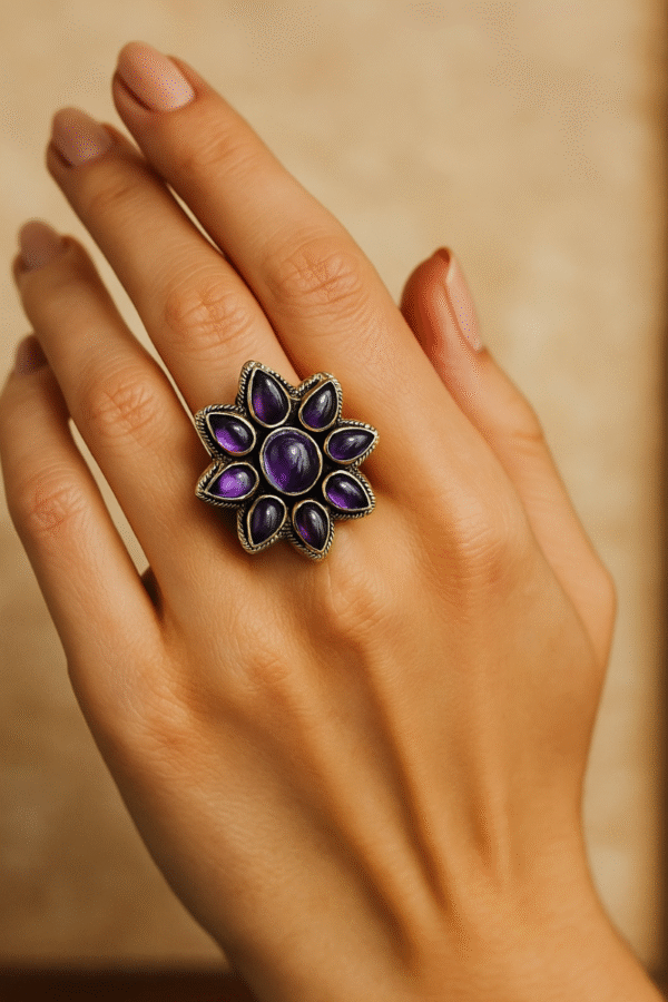 Amethyst Floral Ring Handmade - Image 3