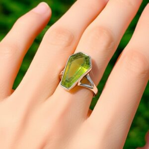 Handmade Peridot Coffin Ring: 925 Sterling Silver, Boho Jewelry