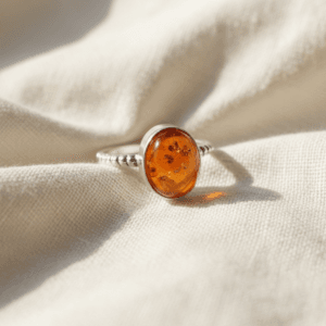 Baltic Amber Sterling Silver Ring | Oval Cabochon with Inclusions | Handmade Boho Beaded Band | Gift for Her Anniversary Jewelry