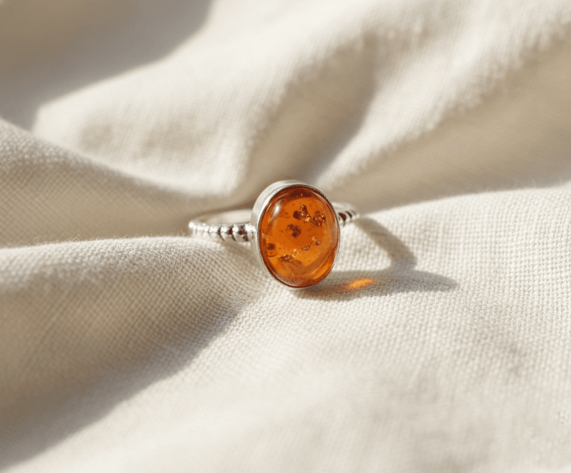 Baltic Amber Sterling Silver Ring | Oval Cabochon with Inclusions | Handmade Boho Beaded Band | Gift for Her Anniversary Jewelry