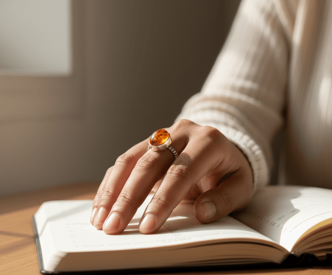 Baltic Amber Sterling Silver Ring | Oval Cabochon with Inclusions | Handmade Boho Beaded Band | Gift for Her Anniversary Jewelry - Image 5