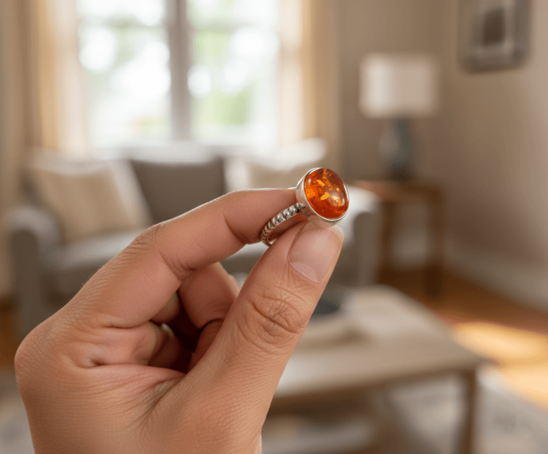 Baltic Amber Sterling Silver Ring | Oval Cabochon with Inclusions | Handmade Boho Beaded Band | Gift for Her Anniversary Jewelry - Image 3