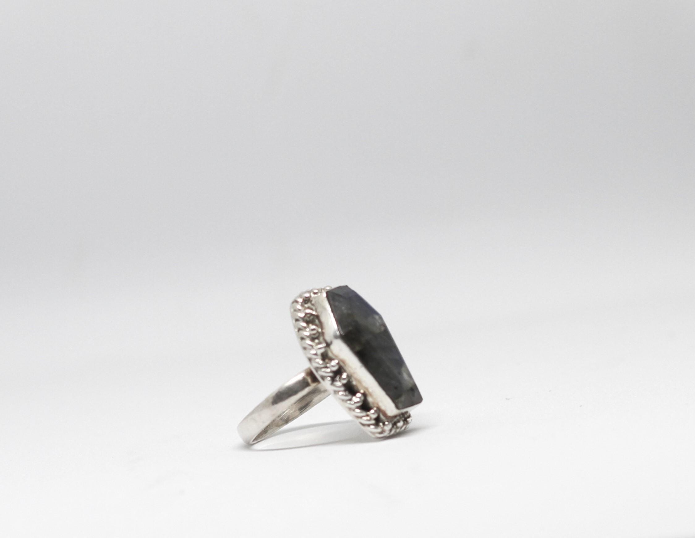 Coffin Labradorite Ring Sterling Silver – Flashy Purple Blue Gemstone Ring – Gothic Statement Ring October Birthstone – Size 7 8 9