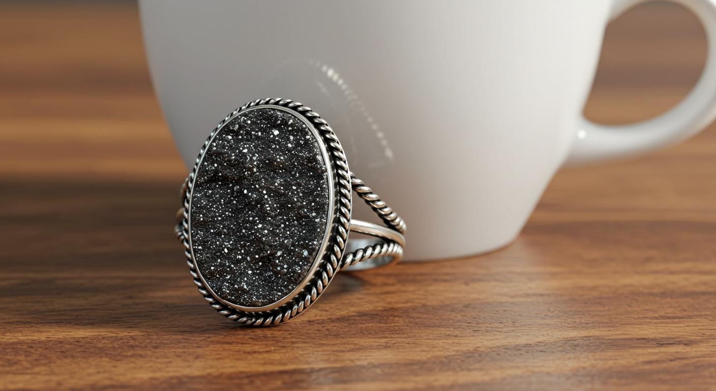 Black Druzy Ring Sterling Silver, Oval Black Drusy Agate Ring, Handmade Sparkling Statement Ring, Gift for Her