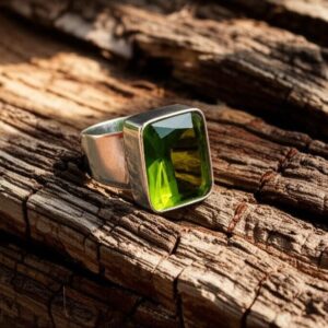 Men's Green Gemstone Ring | Rectangular Peridot Style Ring in Silver Band | Bold Statement Jewelry for Him | Modern Geometric Cut Ring |Gift