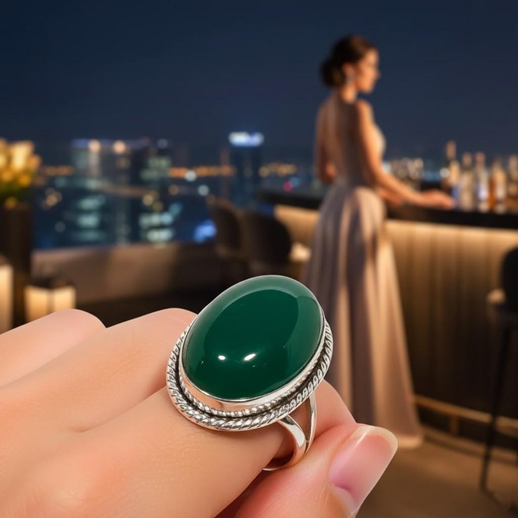 Handmade Green Onyx Sterling Silver Ring | Twisted Rope Design