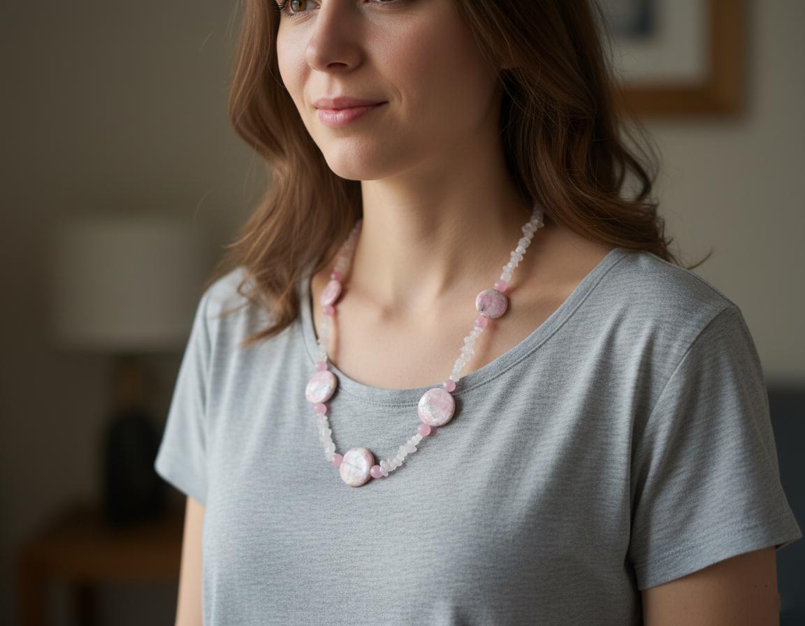 Handmade Rose Quartz Statement Necklace | Bohemian Gemstone Collar, Silver Clasp