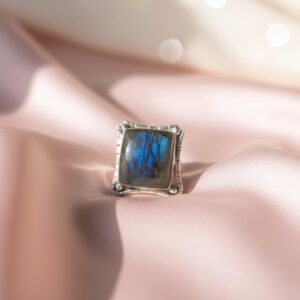 Labradorite Statement Ring | Rustic Sterling Silver Ring | Square Stone Viking Jewelry | Flashy Blue Fire Crystal Gift for Him/Her