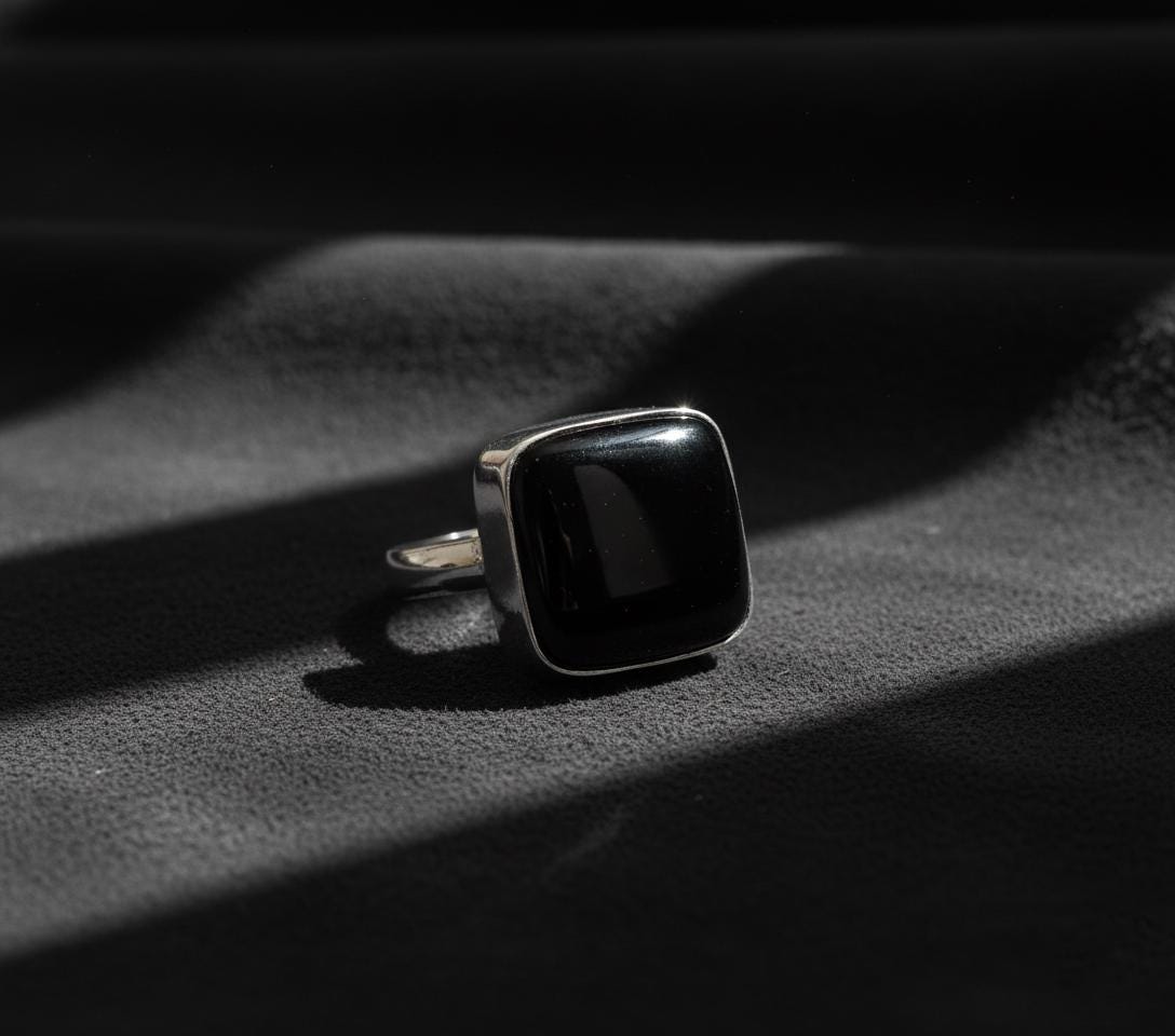 Square Black Onyx Ring, 925 Sterling Silver, Boho Statement Ring