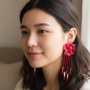 Red Floral Beaded Earrings, Tangkhul Inspired Earrings, Handmade Glass Bead Dangle Earrings, Ethnic Boho Statement Jewelry
