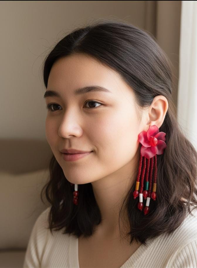Red Floral Beaded Earrings, Tangkhul Inspired Earrings, Handmade Glass Bead Dangle Earrings, Ethnic Boho Statement Jewelry
