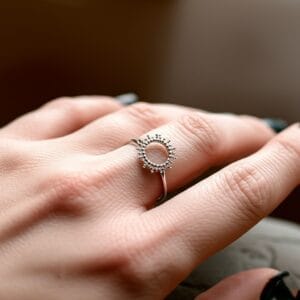 Minimalist Sun Ring 925 Sterling Silver, Dainty Delicate Circle with Beaded Rays, Handmade Tiny Sunburst Silver Ring Gift for Her